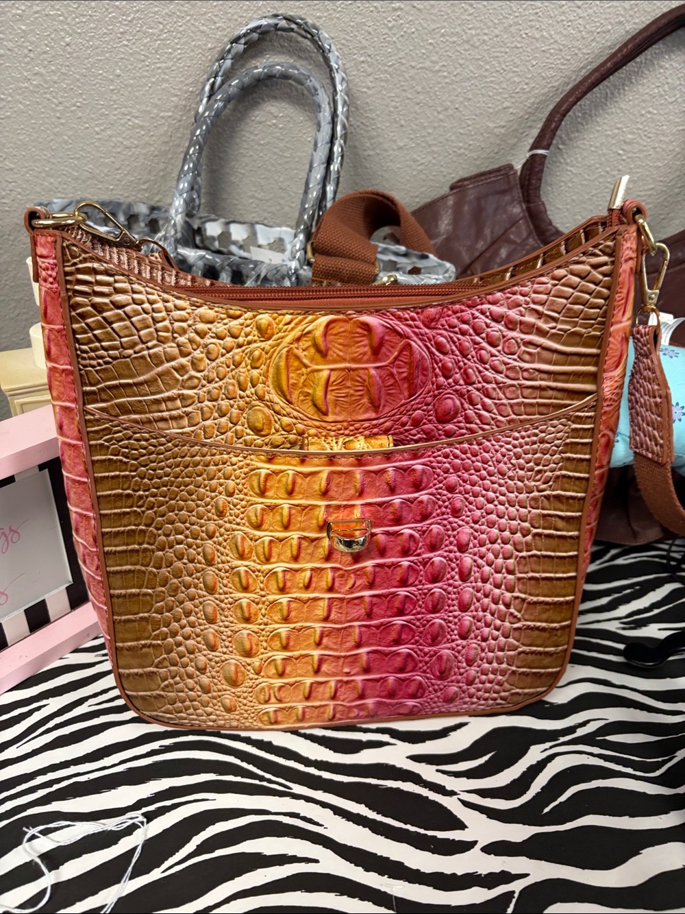 Ombre Croc-Embossed Shoulder Bag in Pink & Brown